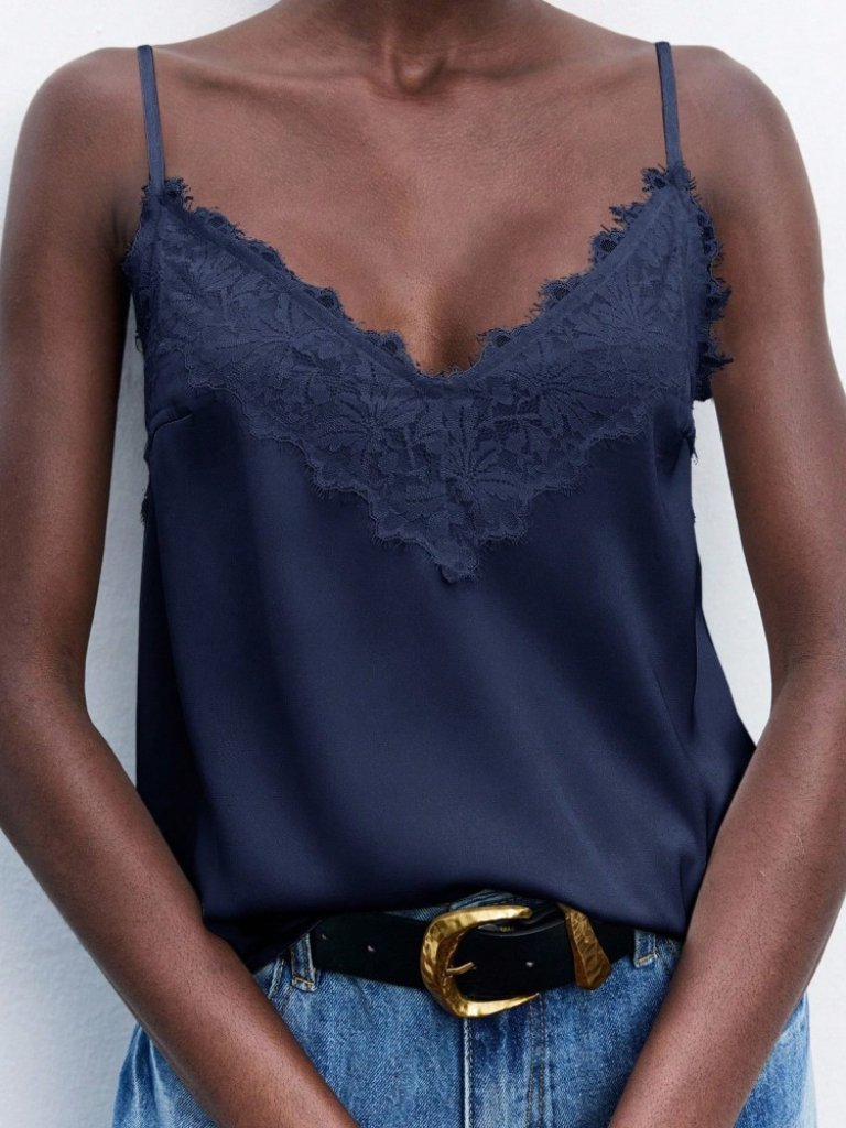 Navy Lace Trim Camisole Tank Top